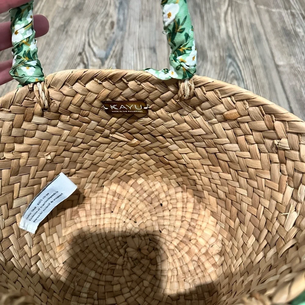 Kayu Green Floral Mini Natalie Woven Straw Tote with Green Scarf-Handle
